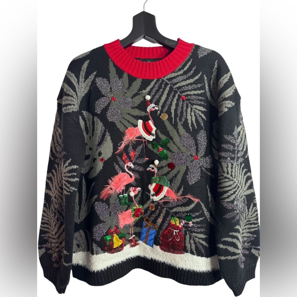 32 Degrees Women’s Holiday Tropical Flamingo Red and Black Sweater - Size Large
